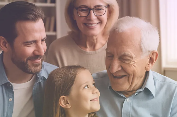 A little girl with her parents and her elderly grandfather, smiling warmly during a heartfelt conversation, symbolising family storytelling and legacy preservation.