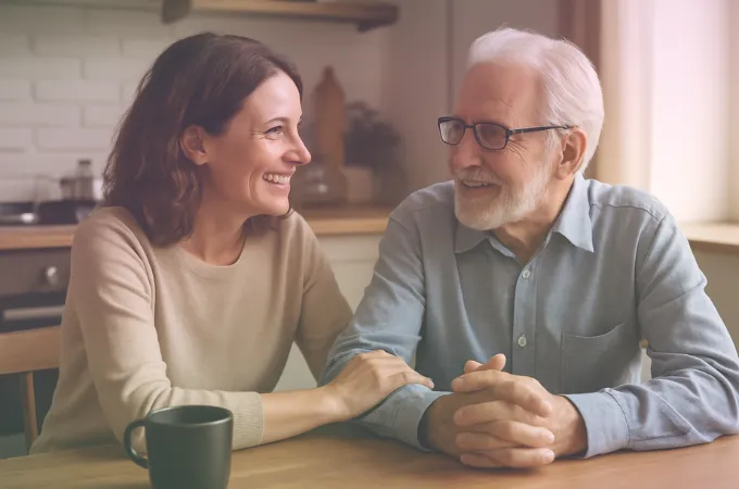A middle-aged woman and her elderly mother sitting at a kitchen table, smiling warmly during a heartfelt conversation, symbolizing family storytelling and legacy preservation.