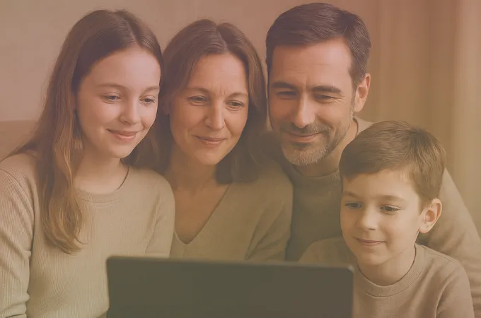 A warm photo of a family looking at an old laptop together, smiling and laughing.